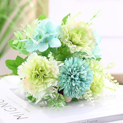 HMIEPRS 2 Manojos Flores Artificiales, Seda Falsa de Rosas Claveles Margaritas Peonias Hortensias Ramo de Decoración, Plástico Realista Arreglos Florales para el Hogar Boda Fiesta Oficina (Verde)