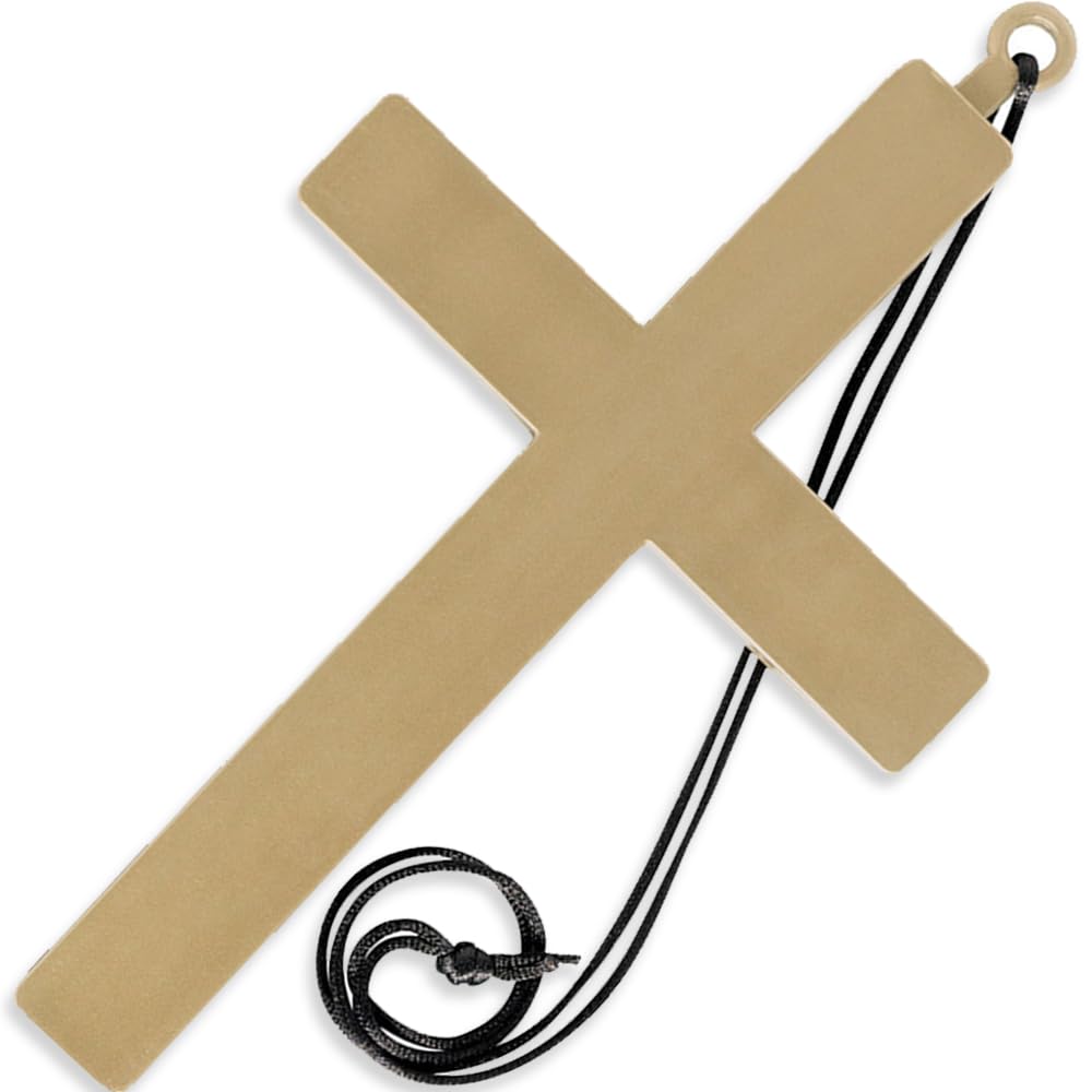 Gold Cross Dangle Plastic Necklace with Black Nylon Cord - 35" - Perfect for Halloween, Costume Events, and Stage Performances