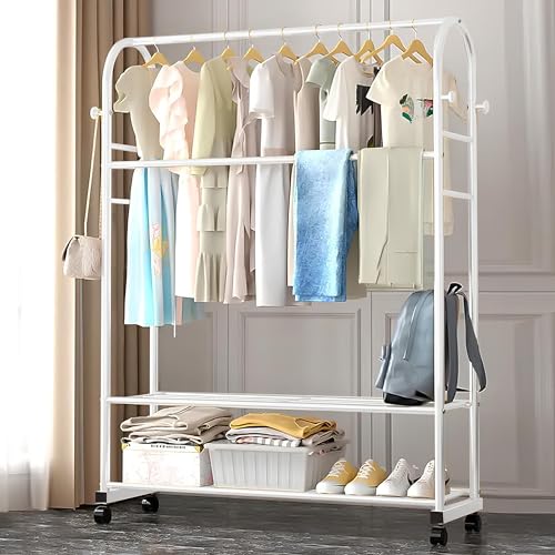 Image of Lukzer Multifuctional White Metal Garment Rack, Heavy-Duty Floor Standing Clothes Hanging Rail, Storage Organizer with 2 Bottom Shoe Shelves, DIY Modern Open Wardrobe (A-Shaped) CH-033