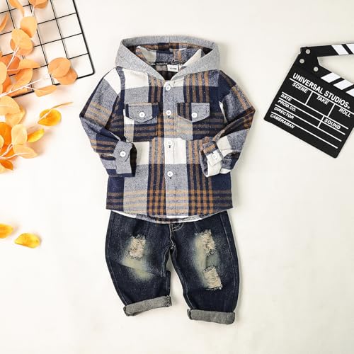 Image of Toddler Baby Boy Fall Winter Clothes Long Sleeve Plaid Hooded Sweatshirt Ripped Holes Jeans Set 1-5 Years Old