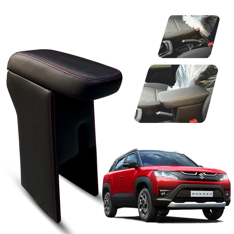 Image of Carigiri Premium Finish Car Armrest with Storage Box And High Density Moulded Foam For Maruti Suzuki New Vitara Brezza (Models-2022-2024) (Black With Red Double Stitching,Nappa Leatherette)