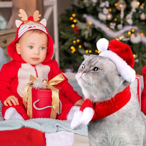 Katzen Hunde Weihnachtskostüm, Haustier Kostüm Weihnachten Kleidung Weihnachtsmütze und Schal für Klein Hund Katze, Rot Katzenbekleidung Hundebekleidung Lustig Mütze Deko Weihnachts Outfit Geschenk