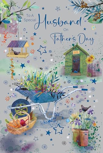Cherry Orchard | Fathers Day card for Husband | To A Special Husband on Fathers Day | Artistic gardening design wheelbarrow & potting shed | Luxury insert