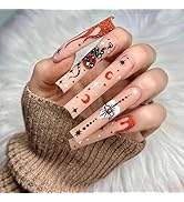 SIXDIAN Nude Glitter Press on Nails Long Coffin Fake Nails with Snake Moon Stars Designs Acrylic ...
