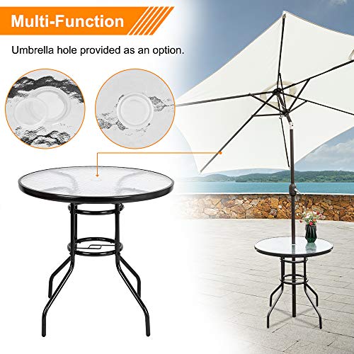 Vingli Patio Dining Table With Umbrella Hole, 32" Round Outdoor Dinning Bistro Table Steel Frame Patio Table Tempered Glass Table Top Patio Coffee Table For Balcony Garden Deck Lawn #TOP3