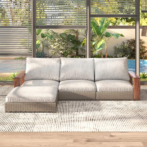 U-MAX Outdoor Patio Furniture, 4-Piece Backyard Deep Seating Lounge Set, Patio Furniture Set, Khaki Rattan Conversation Sets with Mahogany Wood Armrests,Light Grey - Thumbnail 3