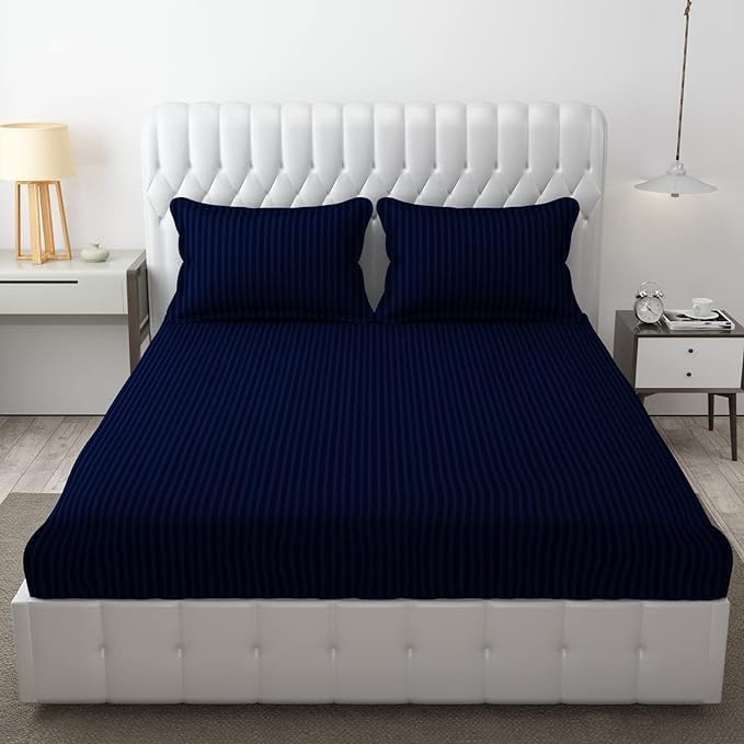 Image of DECOR2ADMIRE 300 TC Premium Glace Cotton All Round Elastic Fitted Plain Stripe Pastel Shades Queen Size Bedsheet with 2 Pillow Covers (Dark Blue, Super King 108 inch x 108 inch)