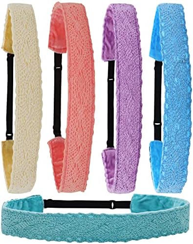 FROG SAC 5 Lace Headbands for Girls, Adjustable Non-Slip Elastic Girl Headbands, Dressy Pastel Lacy Headwraps, Cute Hair Accessories for Kids, Plain Solid Color Headband Birthday Party Favors