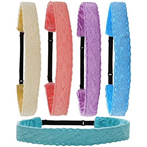 Frog Sac 5 Lace Headbands For Girls, Adjustable Non-Slip Elastic Girl Headbands, Dressy Pastel Lacy Headwraps, Cute Hair Accessories For Kids, Plain Solid Color Headband Birthday Party Favors #TOP4