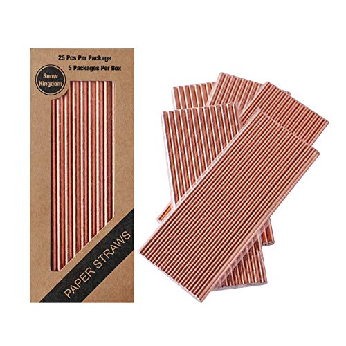 125 PCS Rose Gold Paper Straws Drinking Decorative Cake Pop Stick Decoration - Boxed 5 Individual Packs of 25 Units