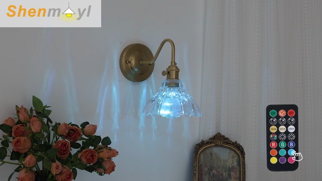 Image of Shenmoyl Battery Operated Wall Sconce, Vintage Rechargeable Wall Lights with Clear Lily Glass Shade, Wireless Indoor Wall Lamp with Remote for Bedroom Living Room Bathroom Hallway