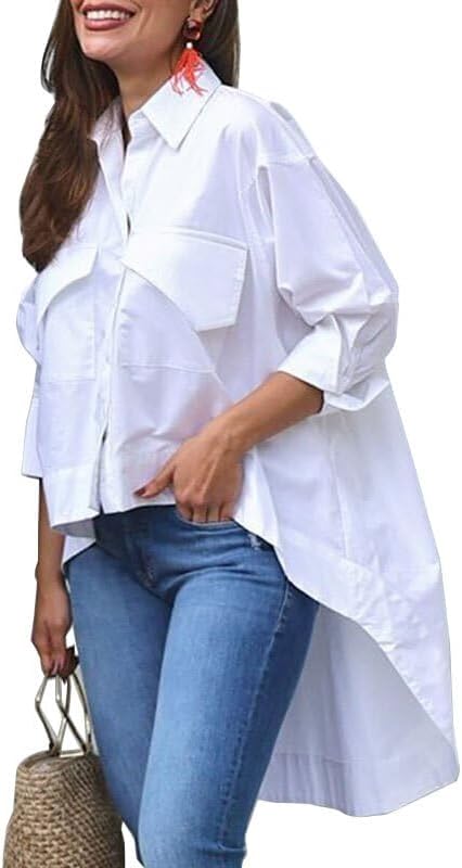 UOOZEE Women's Long Sleeve Collar V Neck Blouse Tunic Top High Low Asymmetrical Irregular Hem Dress Shirt