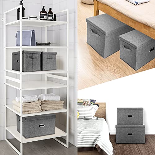 Image of Large Linen Fabric Foldable Storage Bins with Removable Lid and Handles, Washable Storage Box Organizer Containers Baskets Cube with Cover for Bedroom,Office(Black, Large)