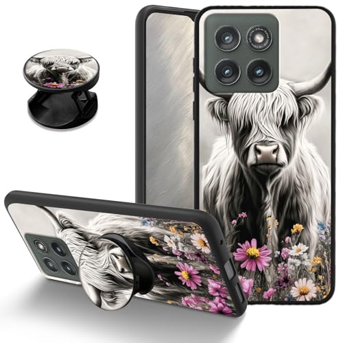 Highland Cow Flowers Case for Motorola Moto Edge 5G 2025, Soft TPU Shockproof Protective Cover with Matching Stand, Slim Anti-Scratch Phone Case for Moto Edge 5G 2025 6.7" for Women Girls