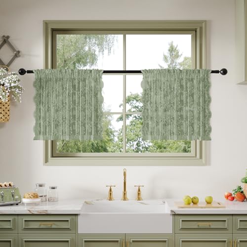Image of Anmao Vintage Lace Kitchen Curtains 24 Inches Long 2 Panels, Romantic Semi Sheer Floral Over Sink Lacy Cafe Curtain, Elegant Window Short Small Drapes, 55W x 24L, Sage Green