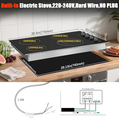 Image of Noxton Electric Cooktop 30 Inch, Knob Control 4 Burners Electric Stove Top with Glass Protection Metal Frame, Expandable Burner, Safety Lock, Timer, 6700W 240V Hard Wired(Black)