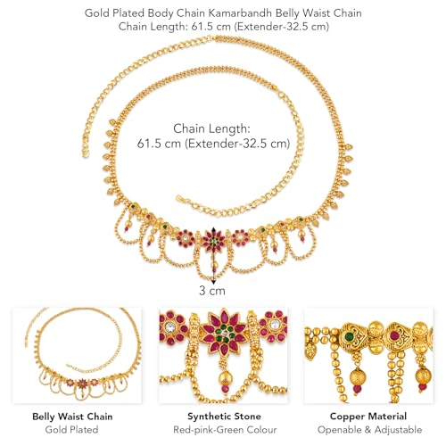 Image of Peora Traditional Gold Plated Rani Pink Green Synthetic Stone Studded Belly Chain Kamarband Ethnic Fashion Jewellery for Women Girls