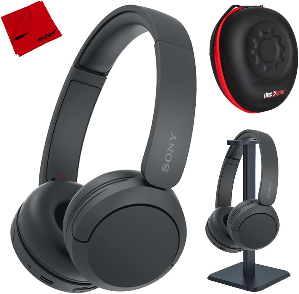 Sony WH-CH520/B Wireless Headphones with Microphone, Black Bundle with Deco Gear Hard Case + Pro Audio Headphone Stand + Microfiber Cleaning Cloth