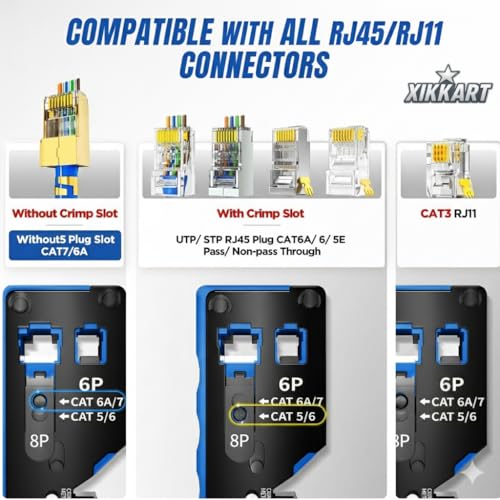 Image of XIKKART Cat7 RJ45 Crimping Tool Kit | Pass Through Ethernet Cable Crimper with Wire Stripper & Cutter | Heavy Duty Network Cable Installtion Crimper Tool for Cat7 Cat6A Cat6 Cat5e Connectors, (Blue)