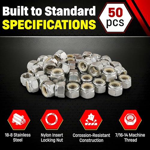 Image of Stainless 7 /16-14 Hex Nylock Nuts, 304 Stainless Steel, 50 Pieces (7 /16-14 Nylock)