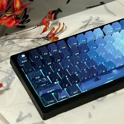 Image of PBT Moonlit Keycaps Custom Dark Blue Shine Through Keycaps Cherry Profile 128 Keys Side Print Key Caps Gradient Blue for Mechanical Keyboards 60% 65% 75% Backlit