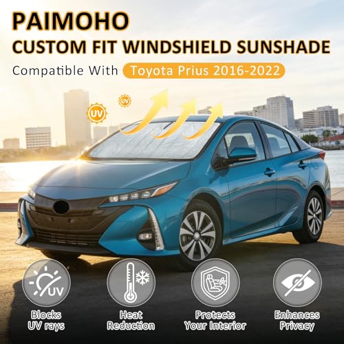 Image of Thickened Windshield Sun Shade for Toyota Prius 2016-2022 | Accordion Front Window Sunshade Aluminum Reflective UV Protection Shield, Foldable Sun Visor with Storage Bag Car Accessories
