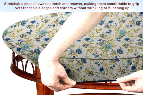 Image of The Furnishing Tree Elastic Cotton Oval Center Table Cover 16x48 in Inches Floral Blue Leaf on offwhite Base