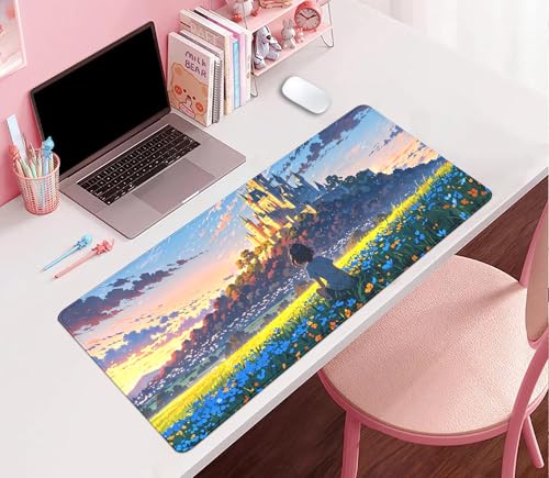 Image of Cartoon Cute Fantasy Castle Sky Flowers Children Extended Desk Pad Mouse Pad,Stitched Edges Non-Slip Rubber Base XL Mouse Mat Desk Mat for Office Home Work Mousepad(27.5X11.8 Inch)