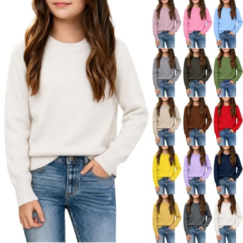 Girls Sweater Kids Crewneck Long Sleeve Knit Pullover Tops White 9-10 T - image 1