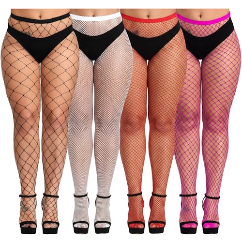 Image of URATOT 4 Pairs Plus Size Fishnet Cross Mesh Tights Sexy Fishnets Pantyhose Stockings Thigh High Stockings