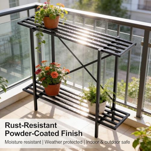 Image of Mighty Home 2-Tier Metal Plant Stand, Functional Balcony & Indoor Flower Pot Holder, Sturdy, Space-Saving Design, Rust-Resistant, Easy Assembly, Efficient Storage and Display