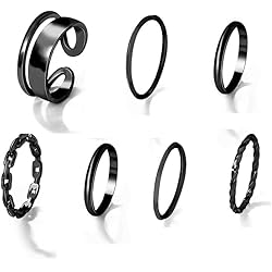 7PCS Ajustable Cinta Anillos Conjunto de Anillos Dedos Lindo Minimalista Negro Plata Onda Apilable Anillos Abiertos Conjunto para Mujer - Negro, nan