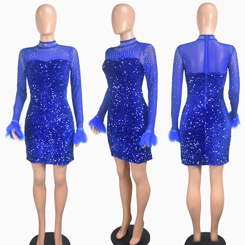 Image of Jigfar Women's Sexy Rhinestone Sheer Mesh See Through Bodycon Dress Birthday Party Club Night Outfits