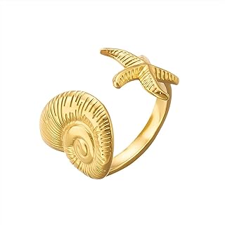 Summer Ocean Style Shell Starfish Conch Adjustable Golden Ring Plated Stainless Steel Jewelry Gift