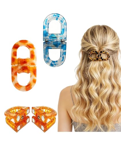 Image of 2 Pcs Hair Clutchers for Women, Magnetic Hair Clip, 2-in-1 Section Clips for Hair Styling, Daily Use and Professional Salon Clutcher Hair Accessories, Black Brown Print Hair Claw Clips (Orange Leopard Print and Blue Leopard Print)