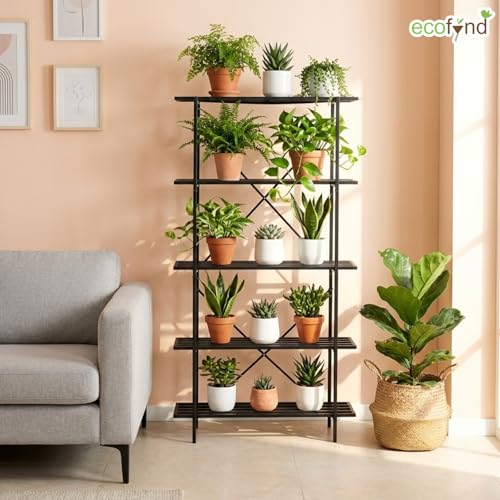 Image of ecofynd Oren Plant Stands for Outdoor Balcony, Flower Pot Stand for Indoor Plants, Large Metal Planter Stand for Living Room, Home Decor, Indoor & Outdoor Plants, 5 Tier, (PS-KR004-BLK)