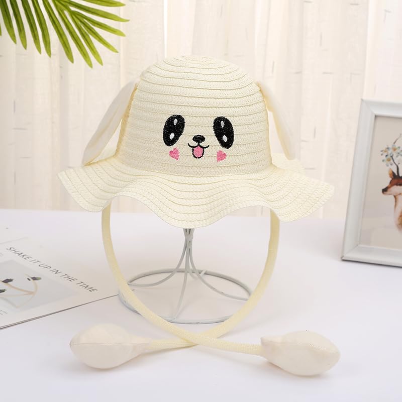 Children Cute Beach Bucket Rabbit Straw Sun Hat with Moving Ear Girl Summer Travelling Park Cowboy Hat Wave Fisherman Bucket2