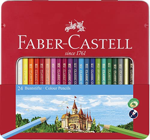 FABER-CASTELL 115824 - Set de lápices de colores Hexagonal, 24 lápices de colores en estuche metálico, lápices de colores para niños y adultos