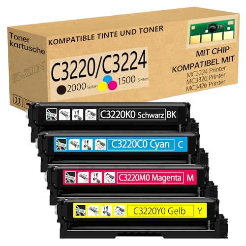 K-ZIN C3220 C3224 Cartouche de toner (avec puce) compatible avec Lexmark C3220K0 C3220C0 C3220M0 C3220Y0 Toner compatible avec les imprimantes C3224 MC3426 MC3326 C3326 C3426 MC3224 (BCYM, lot de 4