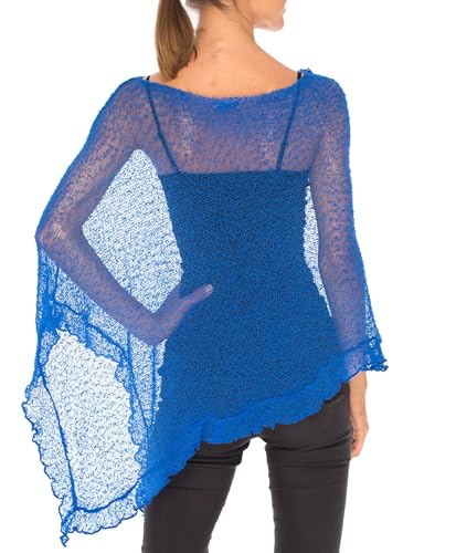 Image of SHU-SHI Women's Sheer Knit Poncho Shrug Lightweight Asymmetrical Ruffle Wrap Dressy Summer Shawl Cover Up Top