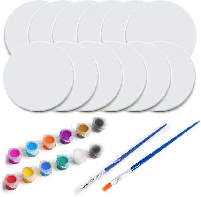 Vencer Set of 12 Round White Ceramic Tiles 4-Inch Cork Backing Pads with 2 Brushes and Acrylic Pigment,DIY Coasters Picture for Home Decorative,Painting Projects,Ready-to-Paint Ceramics