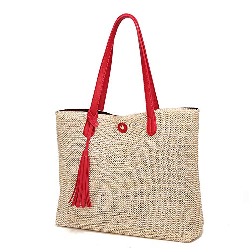Strohtaschen Damen,Korbtaschen Damen Tasche Weibliche Tasche Mode Strand Gras Paket Einfache Umhängetasche(Red)