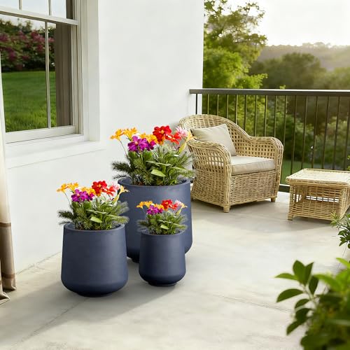 Image of Kante Set of 3 Charcoal Concrete Curved Planters 16.5 inch 13 inch 9.4 inch Dia | Drainage for Outdoor, Rubber Plug for Indoor Home, All-Weather Cement Pot, Handcraft, Lightweight & Durable, Anti-UV, Round