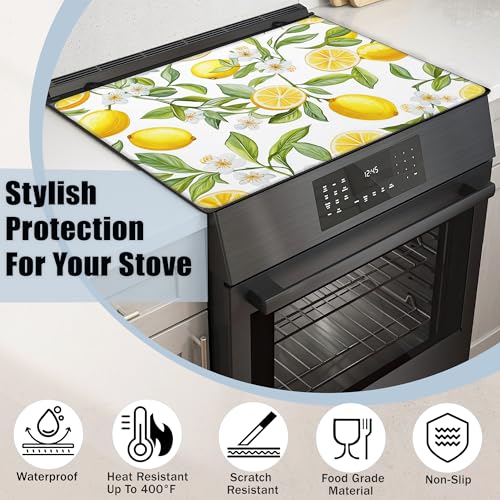 Image of Lemon Fruit Stove Top Covers for Electric Stove,White Flower Glass Top Stove Cover, Heat Resistant Range Covers for Electric Stove,Washable Countertop Mat, 28 x 20 Inch