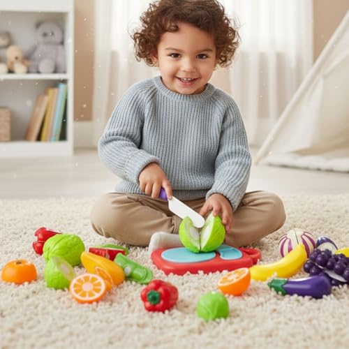 Image of FunBlast Fruits and Vegetables Play Set Toys - 11 Pcs Realistic Sliceable Cutting Fruits and Vegetable Pretend Play Kitchen Toys for Kids, Play Food Toys with Chopping Board & Knife (Multicolor)