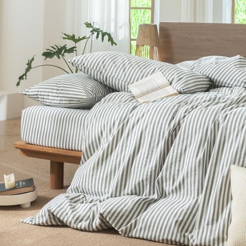 Image of MooMee Striped Duvet Cover Set 100% Washed Cotton Linen Like Cal King | Relaxed Linen-like Texture. Soft, Breathable & Long-lasting Comfort. Lightweight. Hidden Zipper with 8 Interior Corner Ties