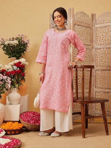 Image of Ada Women's Cotton Straight Fit Straight Hand Embroidered Lucknowi Chikankari Kurta Kurti A411165
