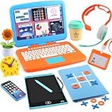 Pretend Play Home Office Set for Kids, Features Toy Laptop Computer, LCD Writing Tablet, Toy Phone, Headset, Sunflower & Coffee Cup, Toys Gifts for Boys Girls Age 3-5-7