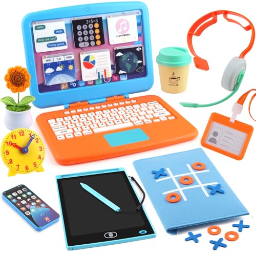 Pretend Play Home Office Set for Kids, Features Toy Laptop Computer, LCD Writing Tablet, Toy Phone, Headset, Sunflower & Coffee Cup, Toys Gifts for Boys Girls Age 3-5-7