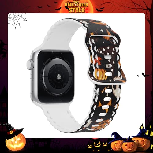 Image of Compatible with Apple Watch Band 41mm 40mm 38mm 49mm 45mm 44mm 42mm Women Girl, Halloween Hollow Soft Silicone Sports Strap For iWatch Ultra SE Series 10 9 8 7 6 5 4 3 2, Skull Pumpkin-42